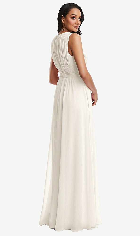 Back View - Ivory Shirred Deep Plunge Neck Closed Back Chiffon Maxi Dress 