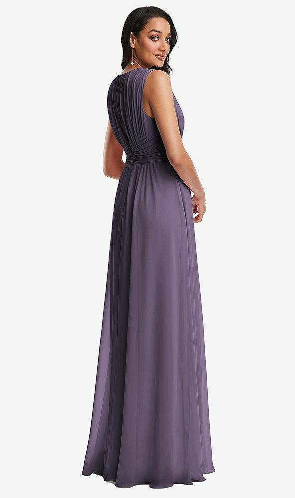 Back View - Lavender Shirred Deep Plunge Neck Closed Back Chiffon Maxi Dress 