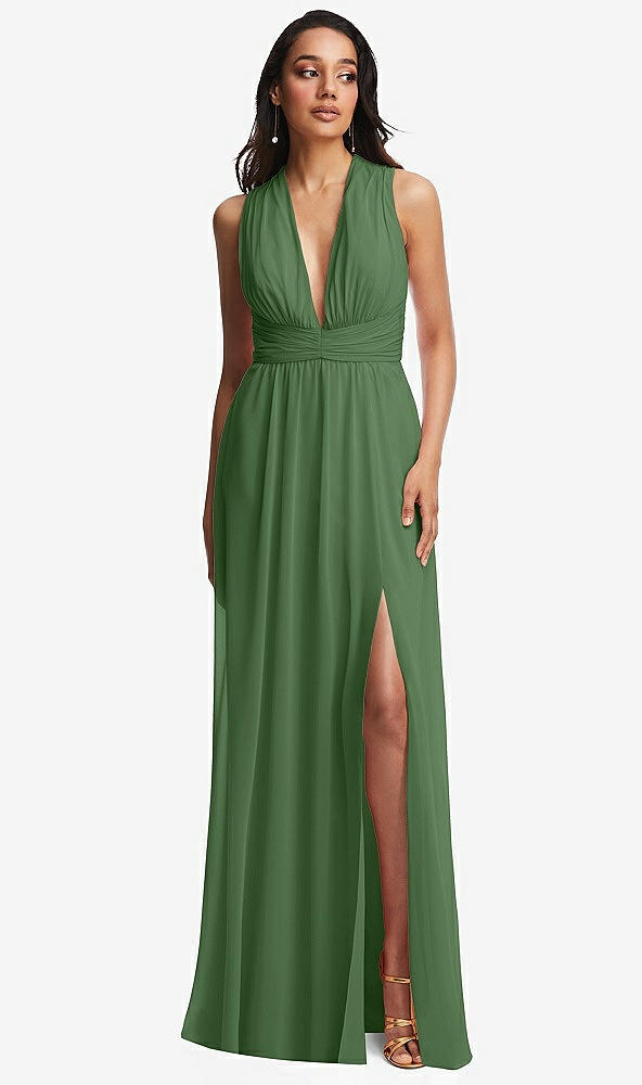 Front View - Vineyard Green Shirred Deep Plunge Neck Closed Back Chiffon Maxi Dress 