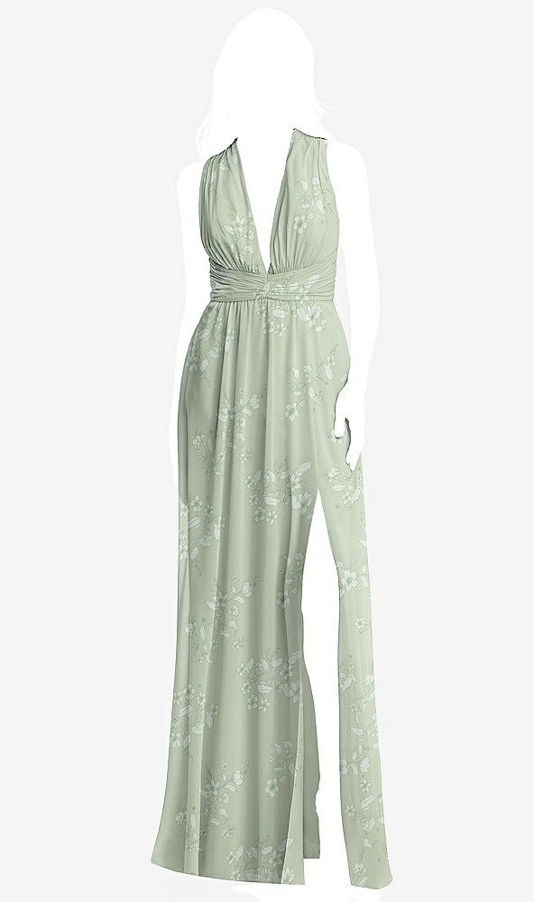 Front View - Vintage Primrose Sage Shirred Deep Plunge Neck Closed Back Chiffon Maxi Dress 