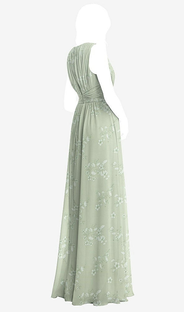 Back View - Vintage Primrose Sage Shirred Deep Plunge Neck Closed Back Chiffon Maxi Dress 