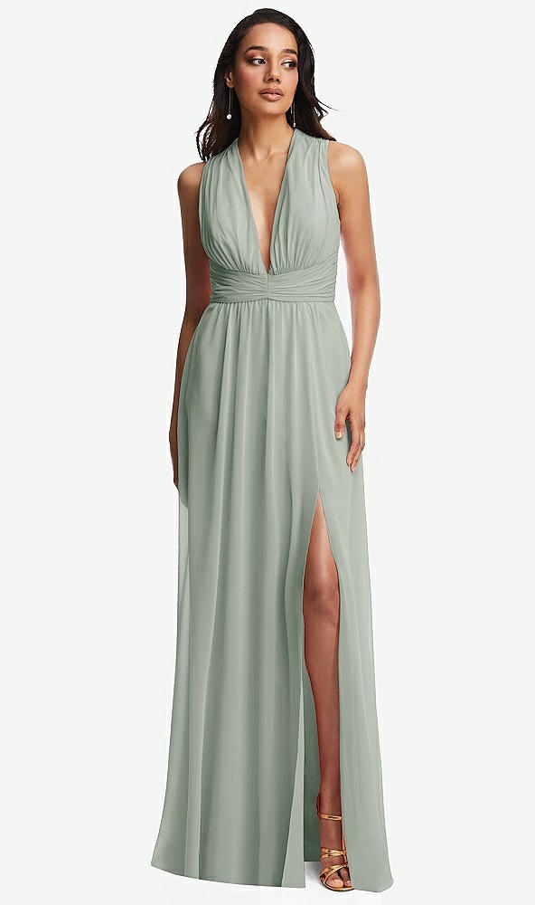 Front View - Willow Green Shirred Deep Plunge Neck Closed Back Chiffon Maxi Dress 