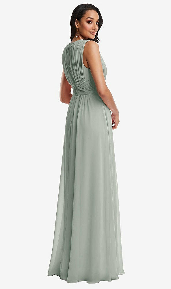 Back View - Willow Green Shirred Deep Plunge Neck Closed Back Chiffon Maxi Dress 