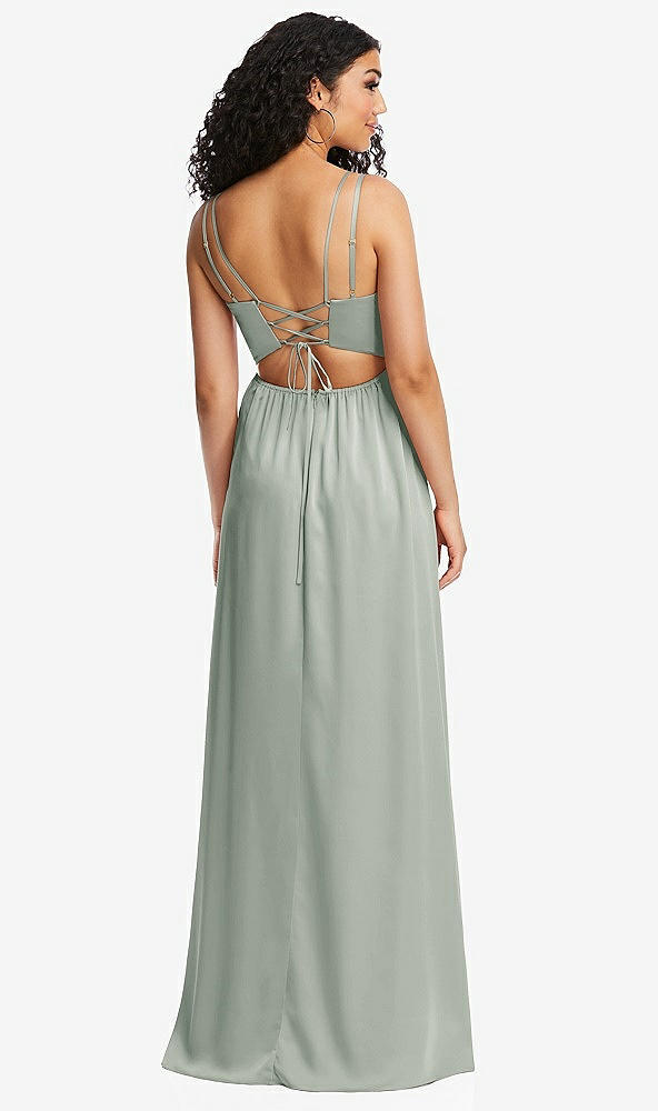 Back View - Willow Green Dual Strap V-Neck Lace-Up Open-Back Maxi Dress