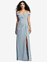 Front View Thumbnail - Mist Cuffed Off-the-Shoulder Pleated Faux Wrap Maxi Dress