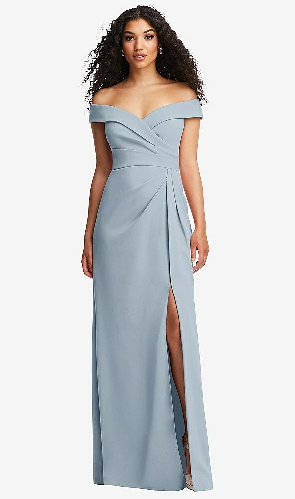 Front View - Mist Cuffed Off-the-Shoulder Pleated Faux Wrap Maxi Dress