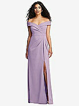 Front View Thumbnail - Pale Purple Cuffed Off-the-Shoulder Pleated Faux Wrap Maxi Dress