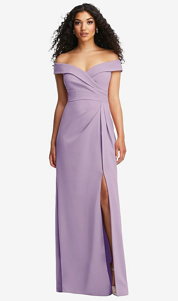Front View - Pale Purple Cuffed Off-the-Shoulder Pleated Faux Wrap Maxi Dress