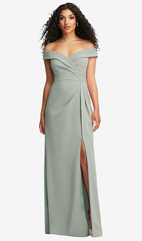 Front View - Willow Green Cuffed Off-the-Shoulder Pleated Faux Wrap Maxi Dress