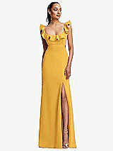 Front View Thumbnail - NYC Yellow Ruffle-Trimmed Neckline Cutout Tie-Back Trumpet Gown