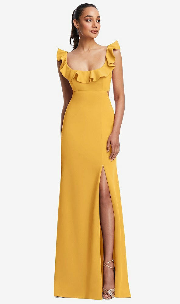 Front View - NYC Yellow Ruffle-Trimmed Neckline Cutout Tie-Back Trumpet Gown