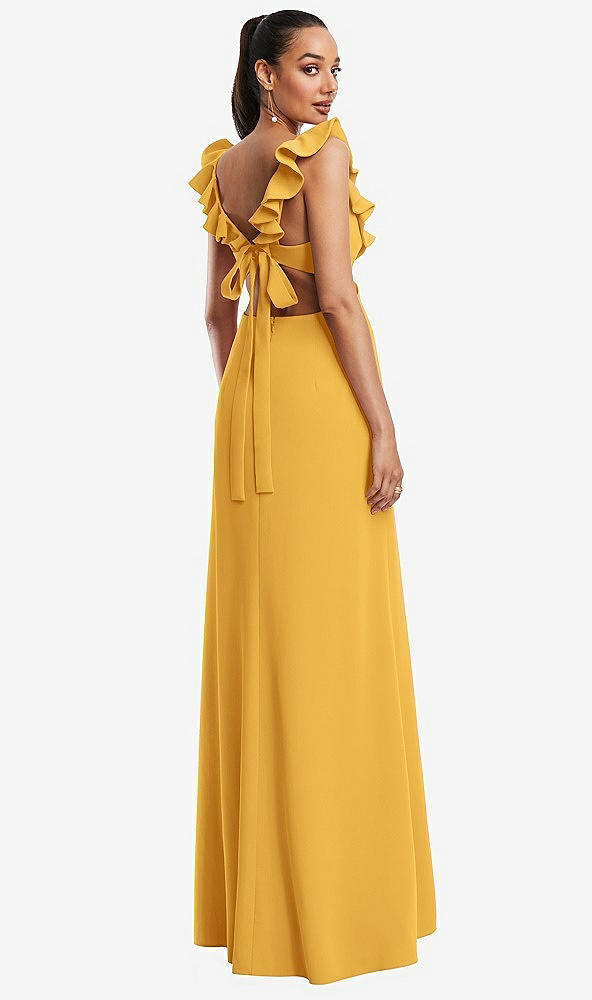 Back View - NYC Yellow Ruffle-Trimmed Neckline Cutout Tie-Back Trumpet Gown