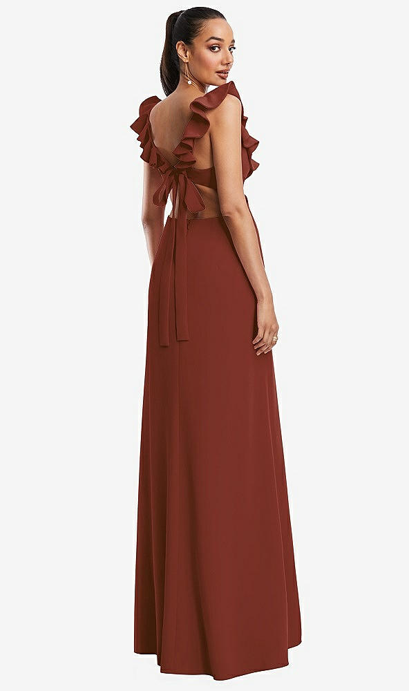 Back View - Auburn Moon Ruffle-Trimmed Neckline Cutout Tie-Back Trumpet Gown