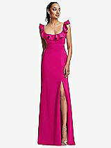 Front View Thumbnail - Think Pink Ruffle-Trimmed Neckline Cutout Tie-Back Trumpet Gown