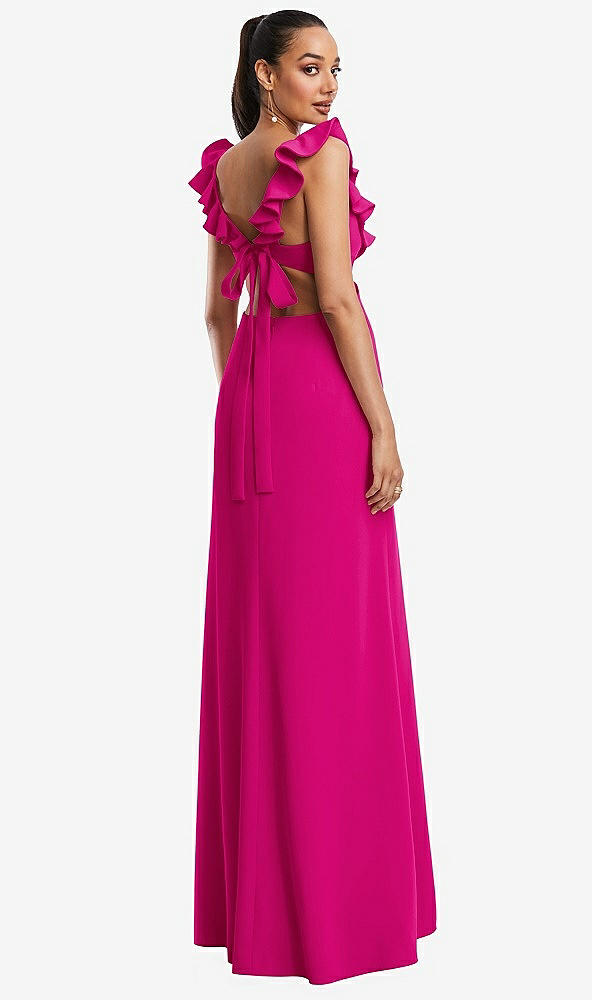 Back View - Think Pink Ruffle-Trimmed Neckline Cutout Tie-Back Trumpet Gown