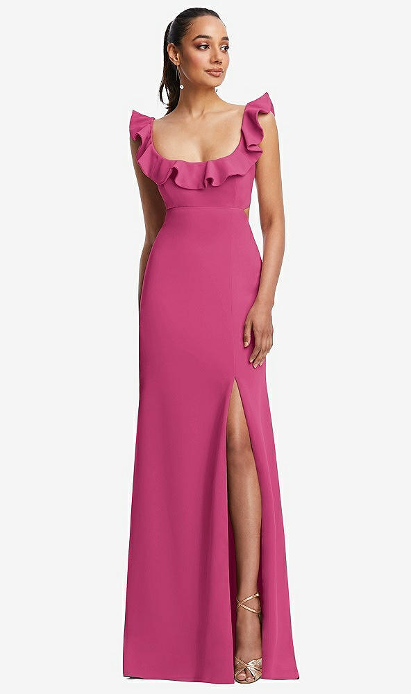 Front View - Tea Rose Ruffle-Trimmed Neckline Cutout Tie-Back Trumpet Gown