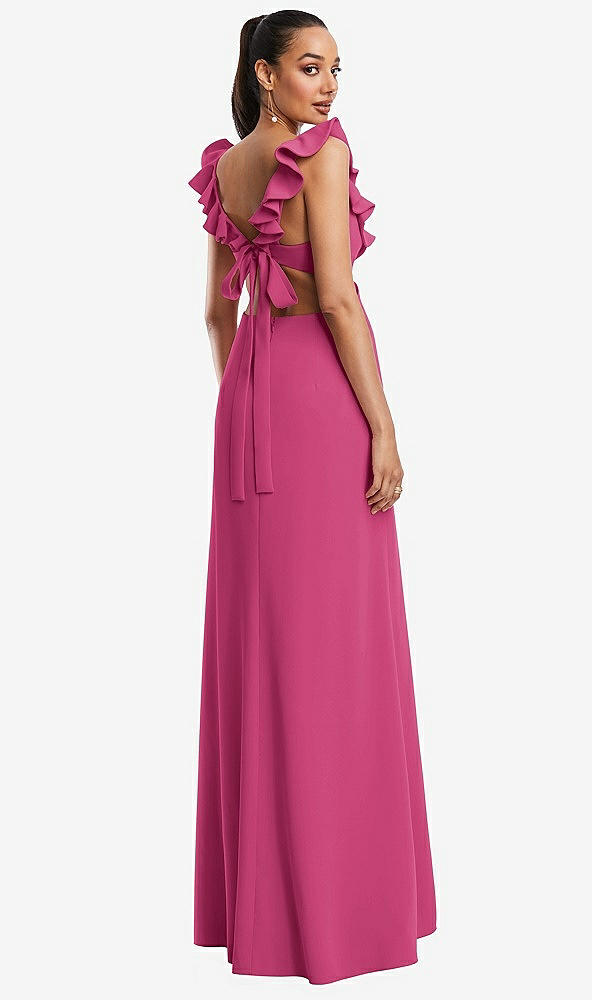 Back View - Tea Rose Ruffle-Trimmed Neckline Cutout Tie-Back Trumpet Gown