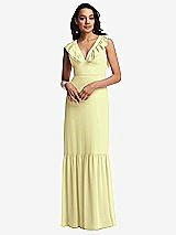 Front View Thumbnail - Butter Yellow Tiered Ruffle Plunge Neck Open-Back Maxi Dress with Deep Ruffle Skirt