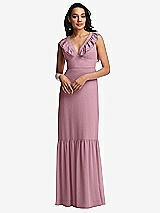 Front View Thumbnail - Dusty Pink Tiered Ruffle Plunge Neck Open-Back Maxi Dress with Deep Ruffle Skirt