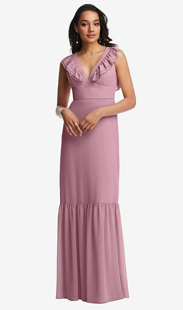 Front View - Dusty Pink Tiered Ruffle Plunge Neck Open-Back Maxi Dress with Deep Ruffle Skirt