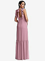 Rear View Thumbnail - Dusty Pink Tiered Ruffle Plunge Neck Open-Back Maxi Dress with Deep Ruffle Skirt