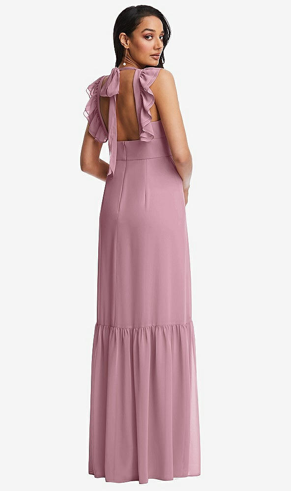 Back View - Dusty Pink Tiered Ruffle Plunge Neck Open-Back Maxi Dress with Deep Ruffle Skirt