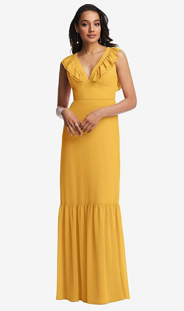 Front View - NYC Yellow Tiered Ruffle Plunge Neck Open-Back Maxi Dress with Deep Ruffle Skirt