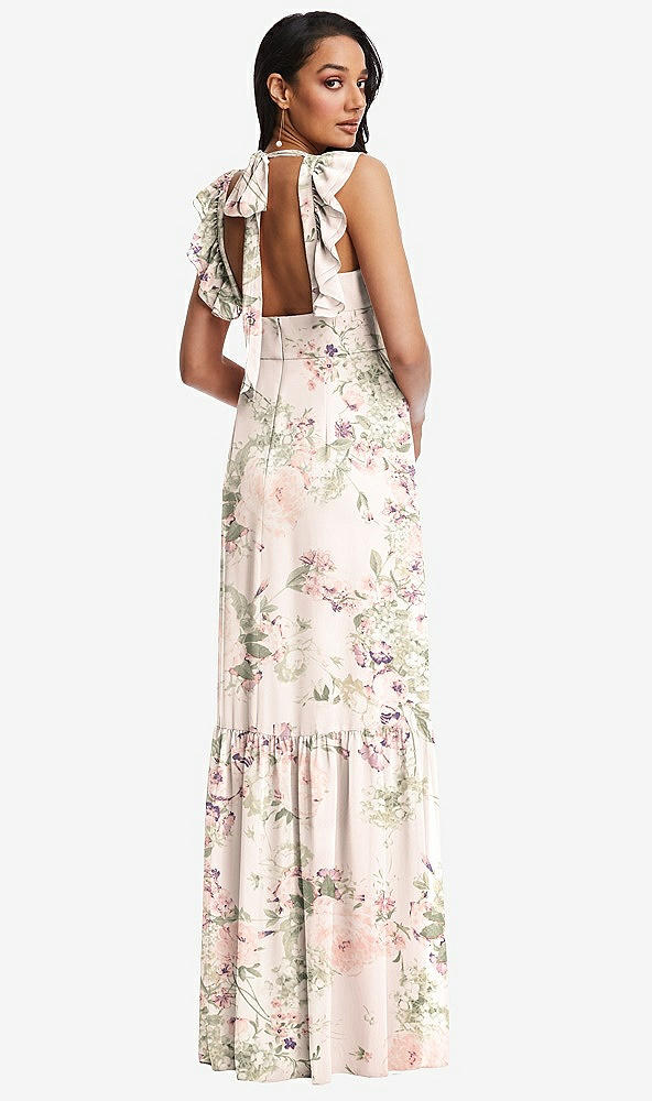 Back View - Blush Garden Tiered Ruffle Plunge Neck Open-Back Maxi Dress with Deep Ruffle Skirt