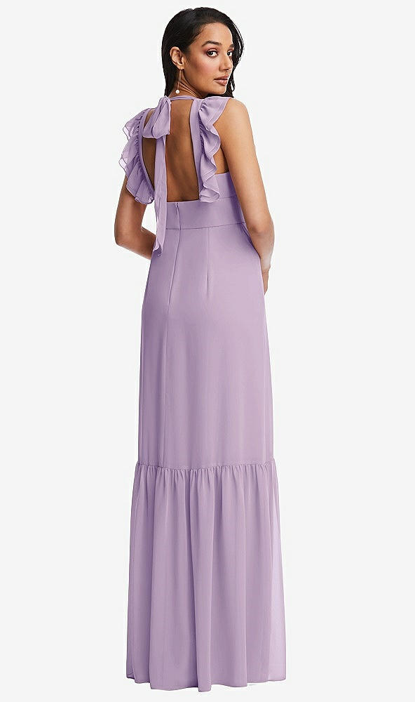 Back View - Pale Purple Tiered Ruffle Plunge Neck Open-Back Maxi Dress with Deep Ruffle Skirt