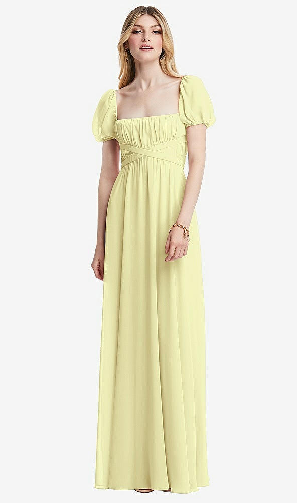 Front View - Butter Yellow Regency Empire Waist Puff Sleeve Chiffon Maxi Dress