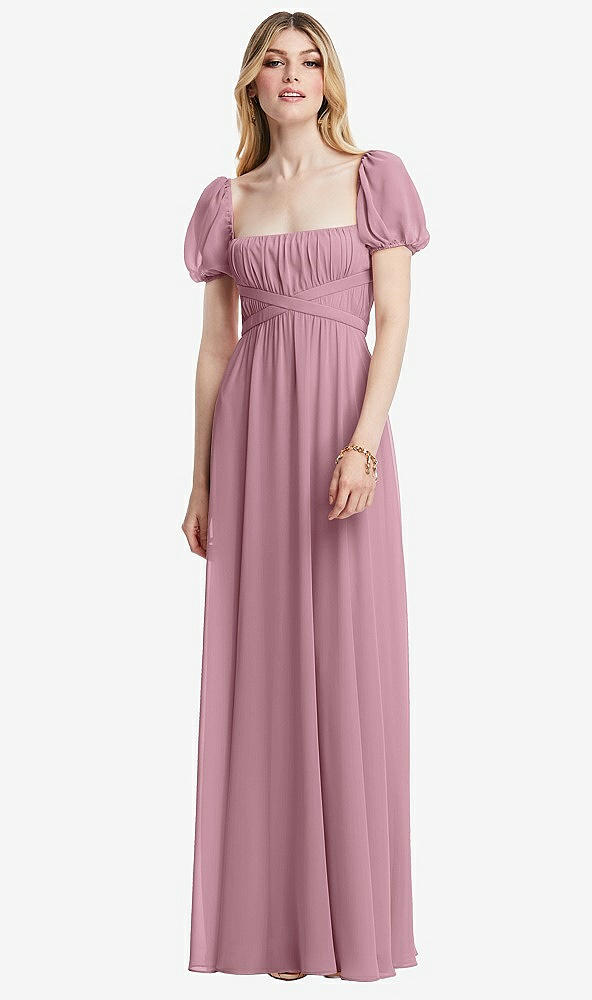 Front View - Dusty Pink Regency Empire Waist Puff Sleeve Chiffon Maxi Dress