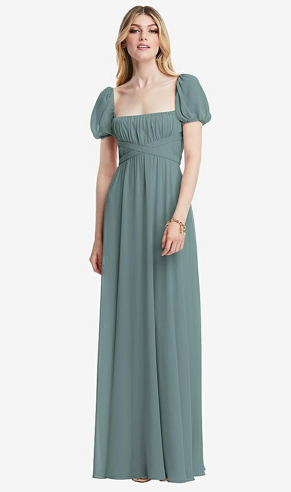 Front View - Icelandic Regency Empire Waist Puff Sleeve Chiffon Maxi Dress