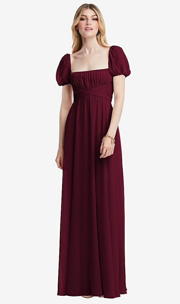 Front View - Cabernet Regency Empire Waist Puff Sleeve Chiffon Maxi Dress