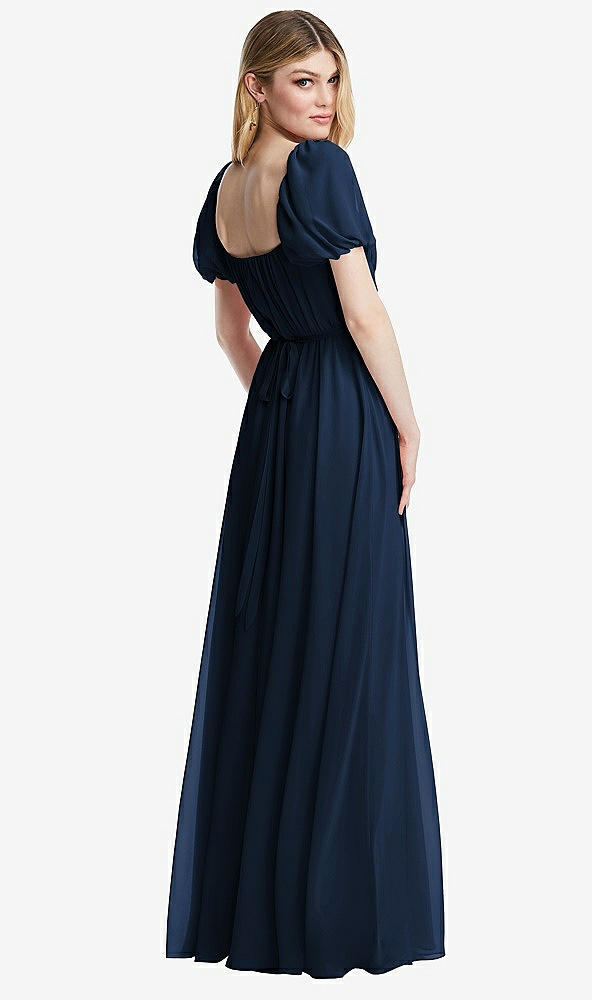 Back View - Midnight Navy Regency Empire Waist Puff Sleeve Chiffon Maxi Dress