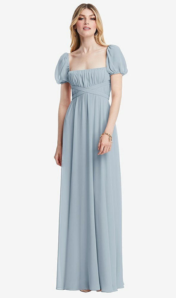 Front View - Mist Regency Empire Waist Puff Sleeve Chiffon Maxi Dress