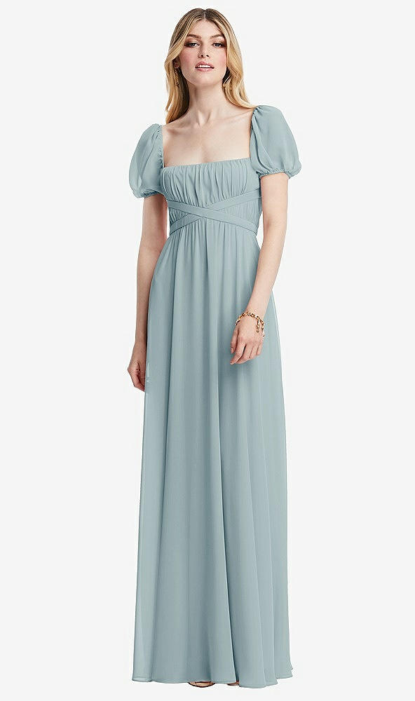 Front View - Morning Sky Regency Empire Waist Puff Sleeve Chiffon Maxi Dress