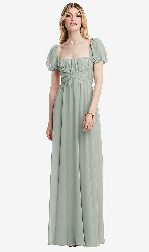 Front View - Willow Green Regency Empire Waist Puff Sleeve Chiffon Maxi Dress