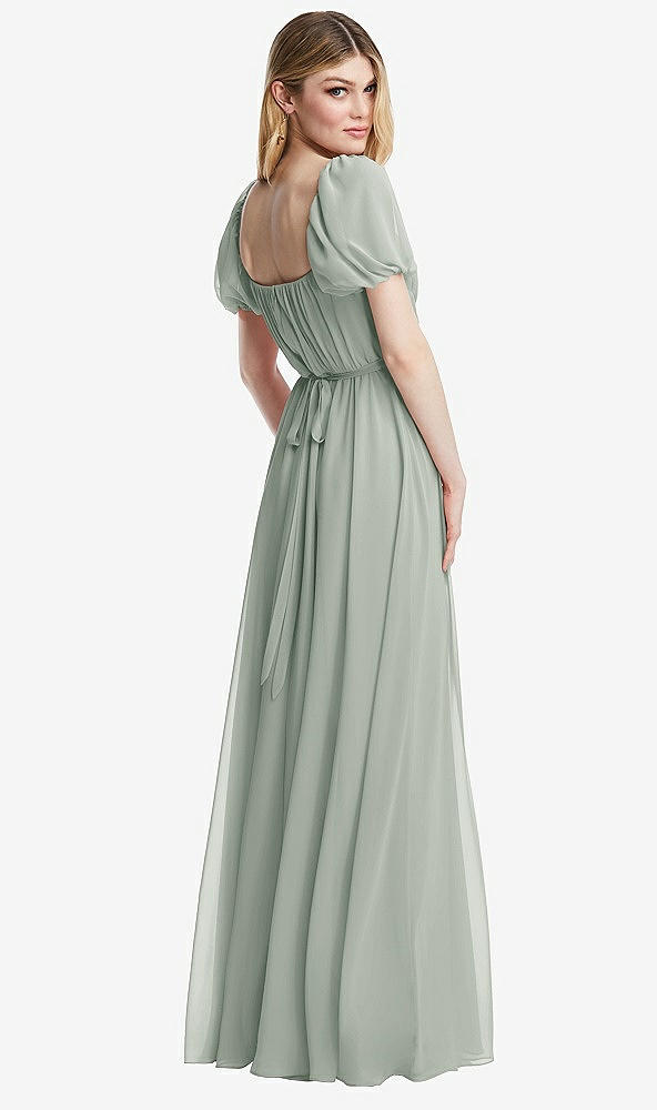 Back View - Willow Green Regency Empire Waist Puff Sleeve Chiffon Maxi Dress