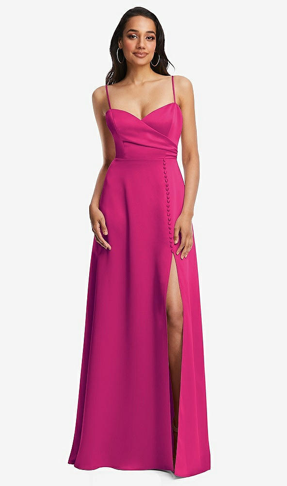 Front View - Think Pink Adjustable Strap Faux Wrap Maxi Dress with Covered Button Details