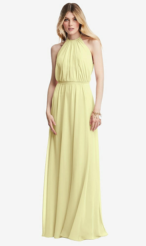 Front View - Butter Yellow Illusion Back Halter Maxi Dress with Covered Button Detail