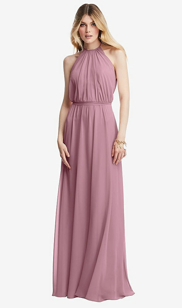 Front View - Dusty Pink Illusion Back Halter Maxi Dress with Covered Button Detail