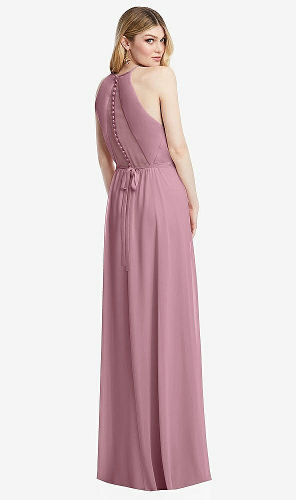 Back View - Dusty Pink Illusion Back Halter Maxi Dress with Covered Button Detail