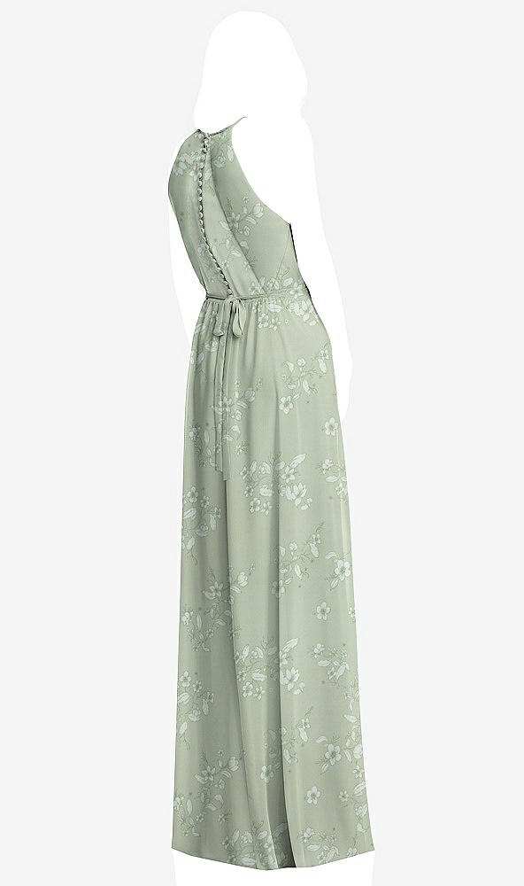 Back View - Vintage Primrose Sage Illusion Back Halter Maxi Dress with Covered Button Detail