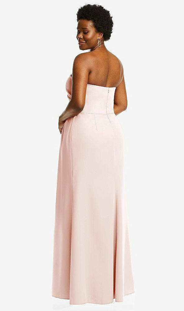 Back View - Blush Strapless Pleated Faux Wrap Trumpet Gown with Front Slit