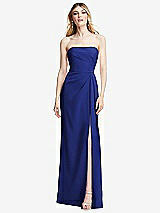 Alt View 1 Thumbnail - Cobalt Blue Strapless Pleated Faux Wrap Trumpet Gown with Front Slit