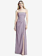 Alt View 1 Thumbnail - Lilac Haze Strapless Pleated Faux Wrap Trumpet Gown with Front Slit