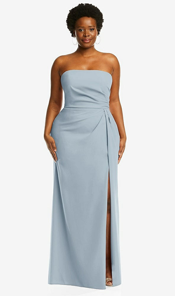Front View - Mist Strapless Pleated Faux Wrap Trumpet Gown with Front Slit