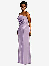 Side View Thumbnail - Pale Purple Strapless Pleated Faux Wrap Trumpet Gown with Front Slit
