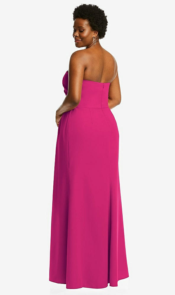 Back View - Think Pink Strapless Pleated Faux Wrap Trumpet Gown with Front Slit