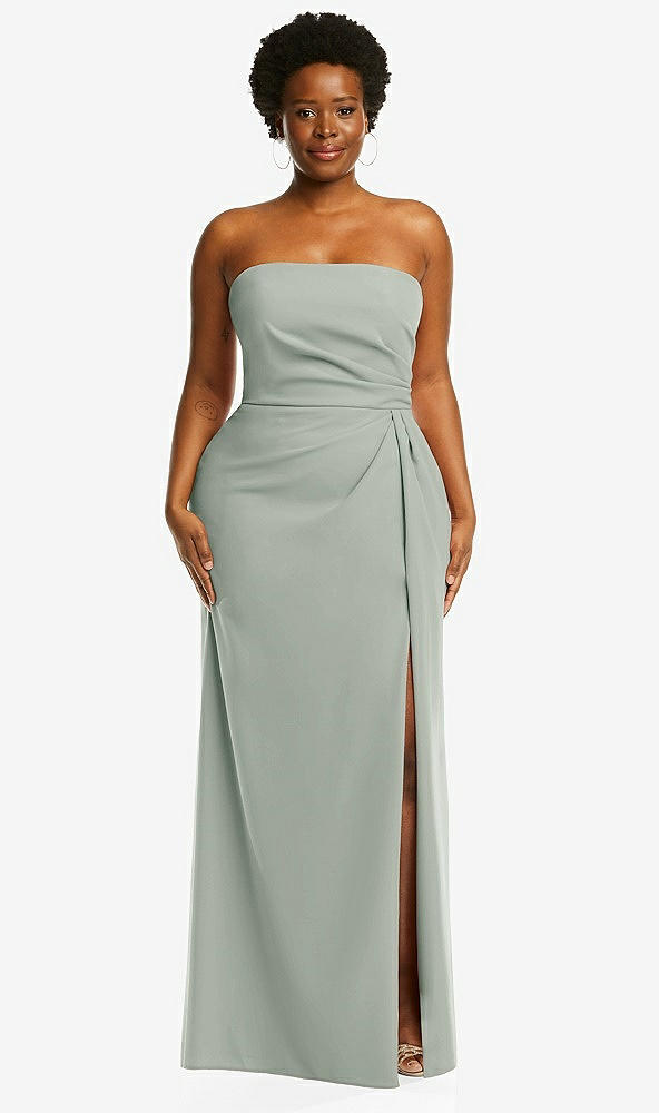 Front View - Willow Green Strapless Pleated Faux Wrap Trumpet Gown with Front Slit